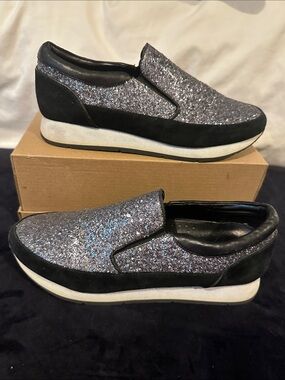 Donald J. Pliner Silver Glitter Slip-On Sneakers with Black Trim